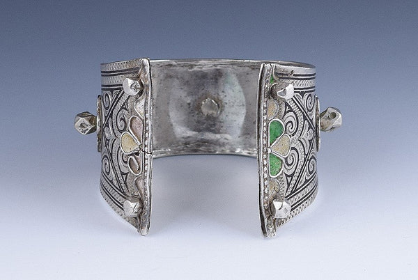 Antique European 800+ Purity Silver Thick Cuff Bracelet w/ Enamel SE Asia