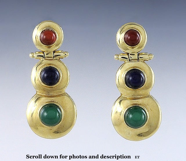 Red Black Green 14K Yellow Gold Earrings Carnelian Chalcedony Drop Dangle