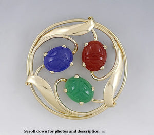 Nice 14k Yellow Gold Carved Stone Egyptian Scarab Beetle Brooch/Pin