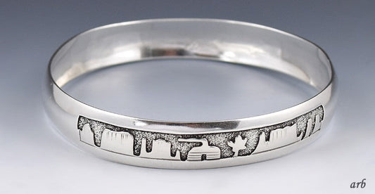 Signed Sterling Silver Bangle Bracelet American Southwest w/ Landscape Scenes