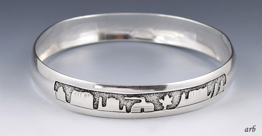 Signed Sterling Silver Bangle Bracelet American Southwest w/ Landscape Scenes