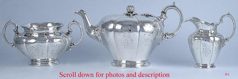 3pc 1841 Irish Sterling Silver Melon Form Engraved Tea Set