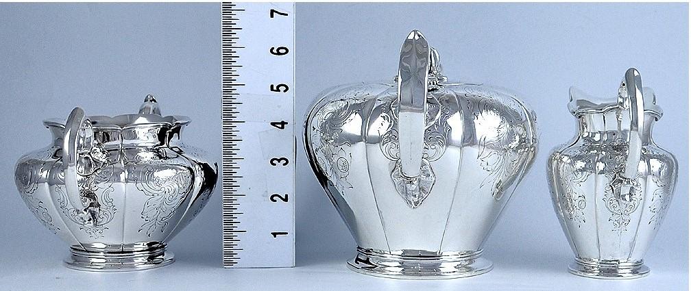 3pc 1841 Irish Sterling Silver Melon Form Engraved Tea Set
