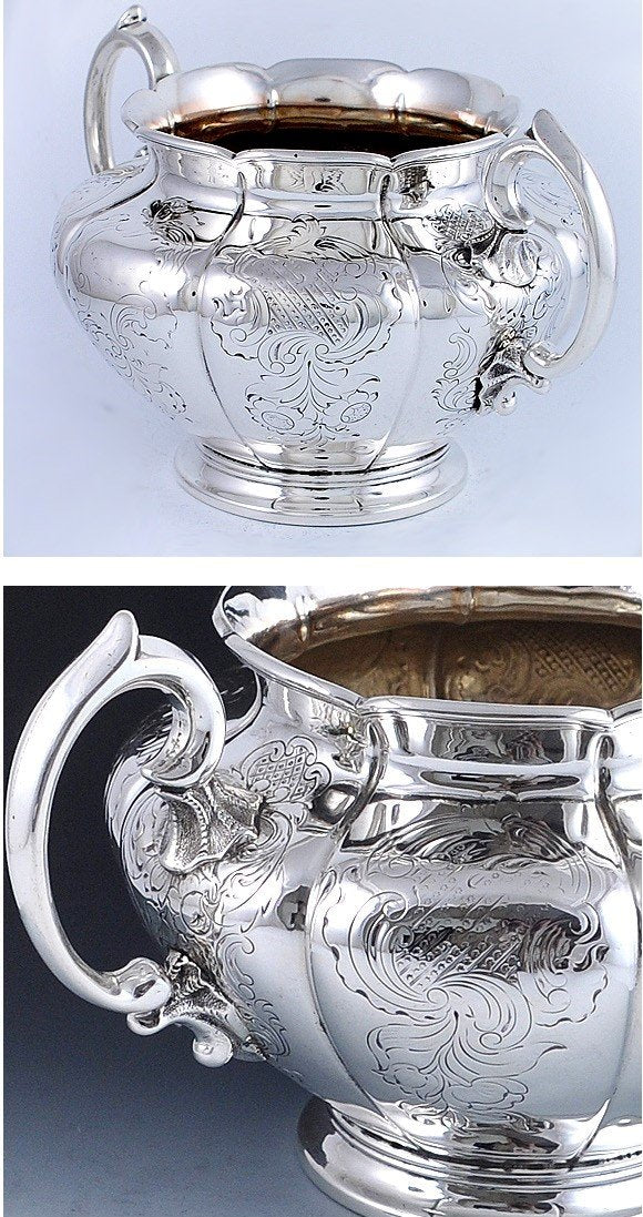 3pc 1841 Irish Sterling Silver Melon Form Engraved Tea Set