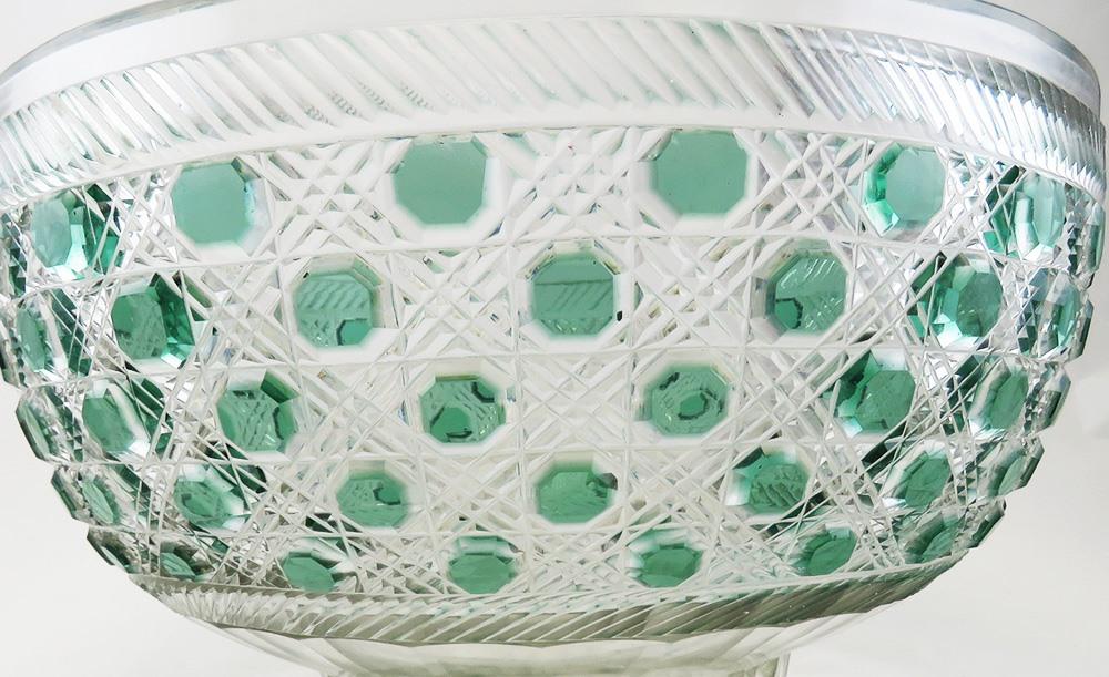 Antique 19th Century Bohemian Czech Cut Green to Clear Glass Punch Bowl