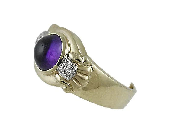 Vibrant 14K Yellow Gold Cabochon Purple Amethyst Diamond Ring Size 6.5