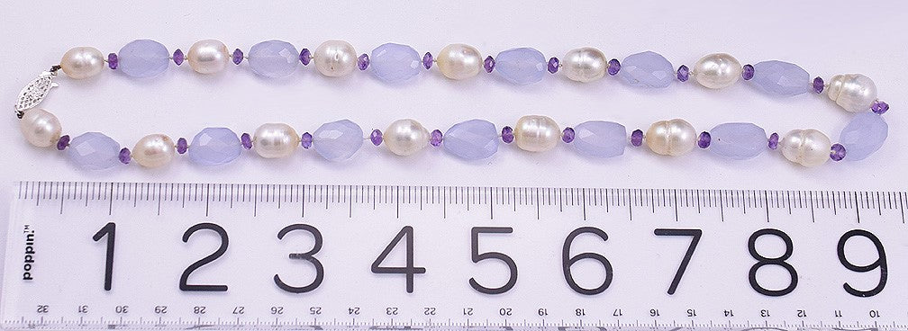 Necklace w/ Large White Pearls, Purple Amethyst and Purple Chalcedony w/ Clasp