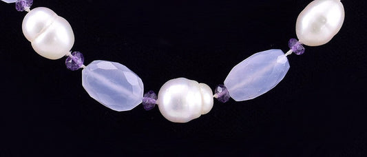 Necklace w/ Large White Pearls, Purple Amethyst and Purple Chalcedony w/ Clasp