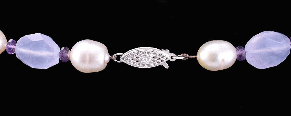 Necklace w/ Large White Pearls, Purple Amethyst and Purple Chalcedony w/ Clasp