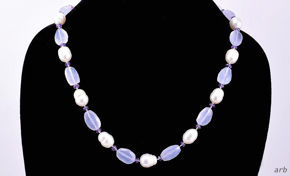 Necklace w/ Large White Pearls, Purple Amethyst and Purple Chalcedony w/ Clasp