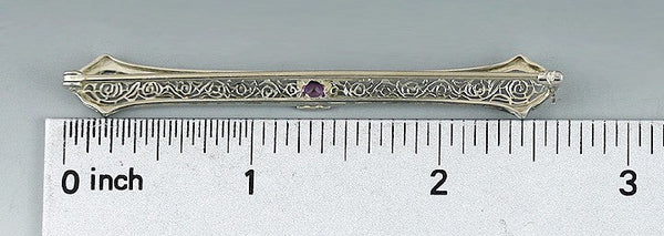 Antique Edwardian 18k White Gold Filigree Pink Tourmaline Bar Pin Brooch