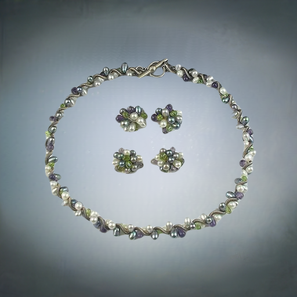 Matching 3 Pc Lot: Necklace and 2 Pairs of Earrings Pearl Peridot Amethyst