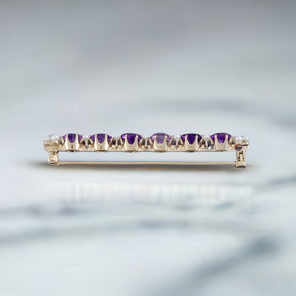 Beautiful 14k Yellow Gold Amethyst Pearl Bar Pin Brooch by Frank Krementz