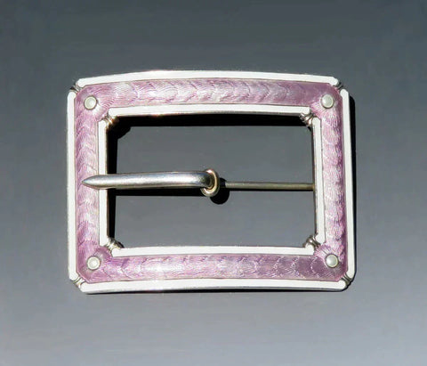 Fine Antique Sterling Silver Purple Guilloche Enamel Square Buckle Brooch Pin