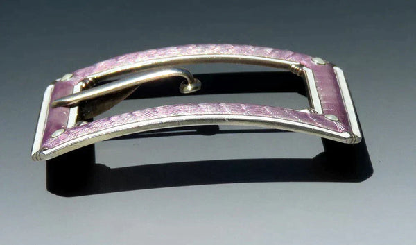 Fine Antique Sterling Silver Purple Guilloche Enamel Square Buckle Brooch Pin