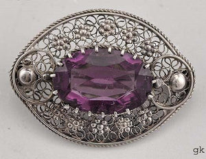 Sterling Silver Possibly Amethyst Filigree Antique Pin/Brooch