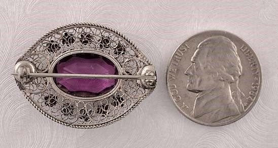 Sterling Silver Possibly Amethyst Filigree Antique Pin/Brooch