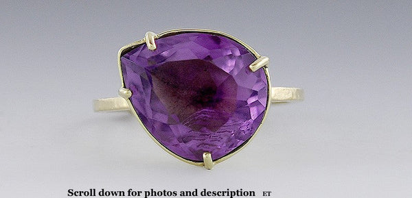 Fine Quality 18K Gold Amethyst Ring with Hand Hammered Finish Size 6.25