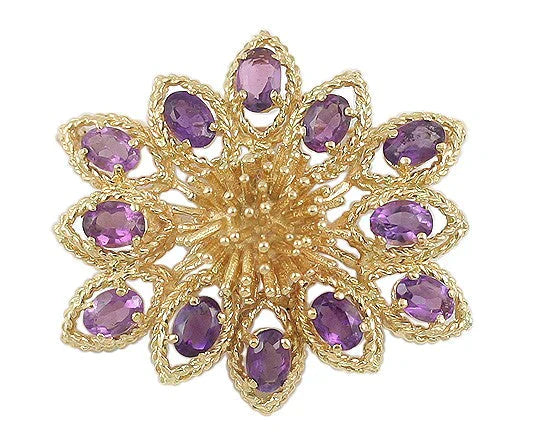 Striking Large 14k Yellow Gold Amethyst Flower Pin Brooch Modern