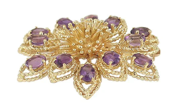 Striking Large 14k Yellow Gold Amethyst Flower Pin Brooch Modern