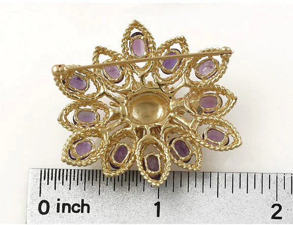 Striking Large 14k Yellow Gold Amethyst Flower Pin Brooch Modern