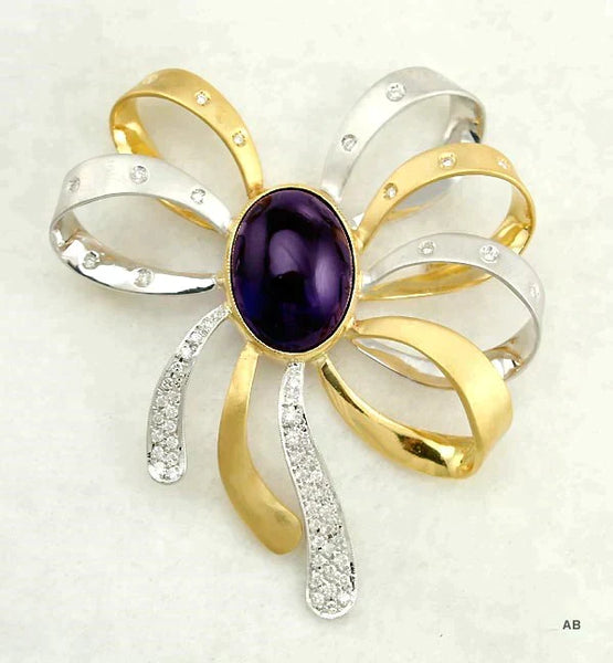 Stunning 18K White and Yellow Gold Diamond Purple Amethyst Bow Pin Brooch