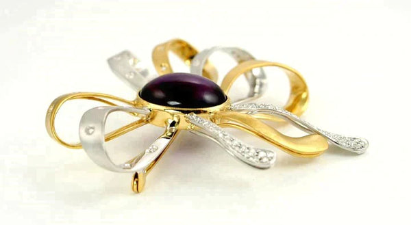 Stunning 18K White and Yellow Gold Diamond Purple Amethyst Bow Pin Brooch