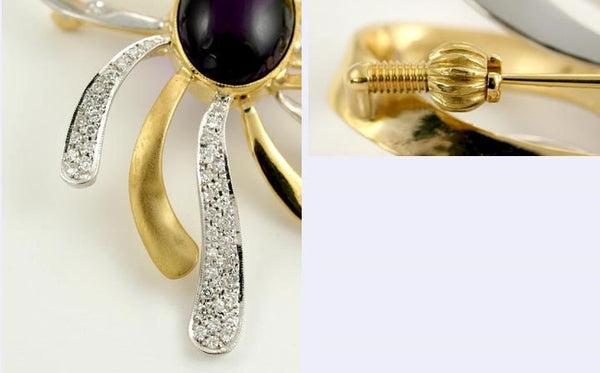 Stunning 18K White and Yellow Gold Diamond Purple Amethyst Bow Pin Brooch