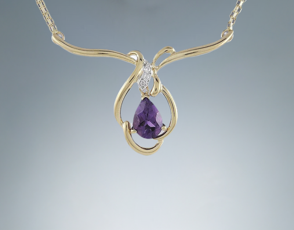 Elegant Amethyst Drop Diamond 14k Gold Necklace