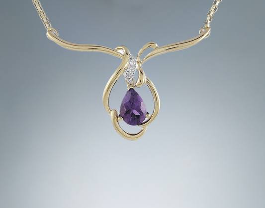 Elegant Amethyst Drop Diamond 14k Gold Necklace