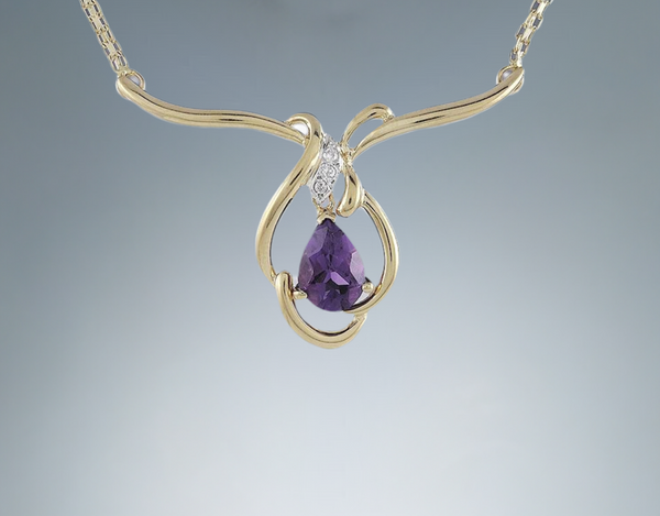 Elegant Amethyst Drop Diamond 14k Gold Necklace