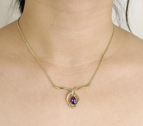 Elegant Amethyst Drop Diamond 14k Gold Necklace