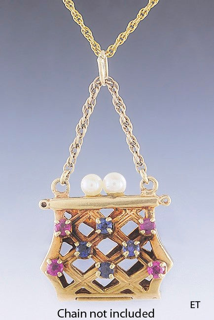Beautiful VTG 14k Gold Pearl Sapphire & Ruby Purse Charm / Pendant