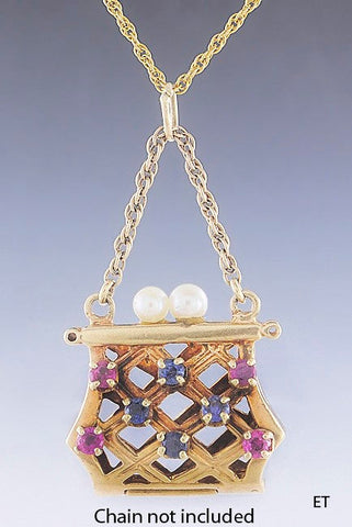 Beautiful VTG 14k Gold Pearl Sapphire & Ruby Purse Charm / Pendant