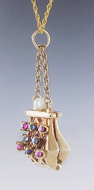 Beautiful VTG 14k Gold Pearl Sapphire & Ruby Purse Charm / Pendant