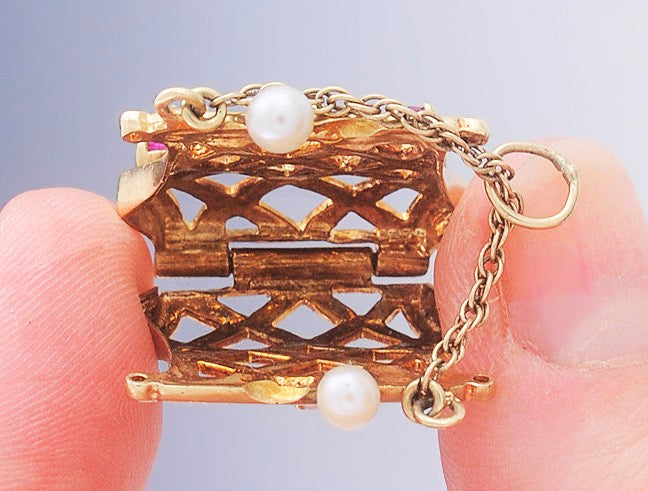 Beautiful VTG 14k Gold Pearl Sapphire & Ruby Purse Charm / Pendant