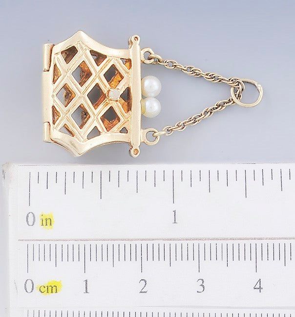 Beautiful VTG 14k Gold Pearl Sapphire & Ruby Purse Charm / Pendant