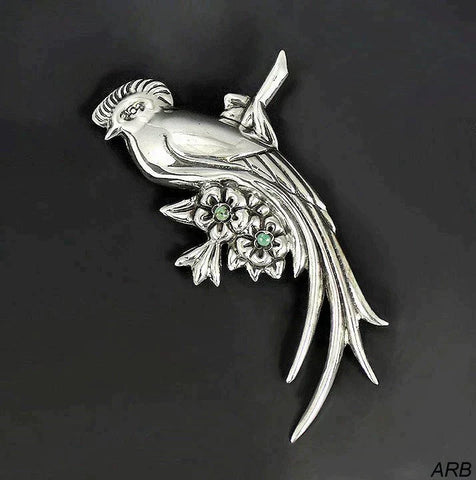 Amazing Lg Vintage Brooch, Mexican Sterling Silver, Quetzal Bird w/Green Stones