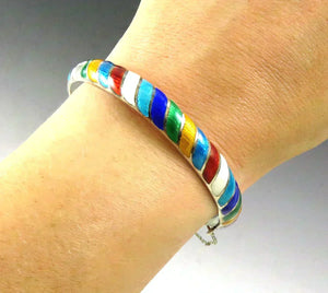 Dazzling Colorful Sterling Silver Multi Color Enamel Stripe Bangle Bracelet