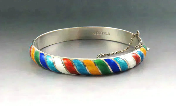 Dazzling Colorful Sterling Silver Multi Color Enamel Stripe Bangle Bracelet