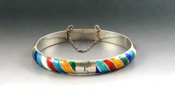 Dazzling Colorful Sterling Silver Multi Color Enamel Stripe Bangle Bracelet