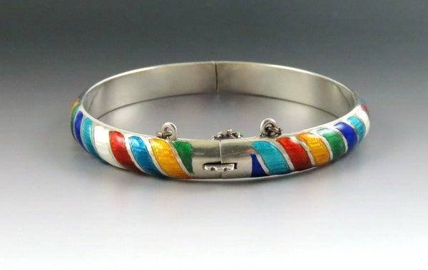 Dazzling Colorful Sterling Silver Multi Color Enamel Stripe Bangle Bracelet