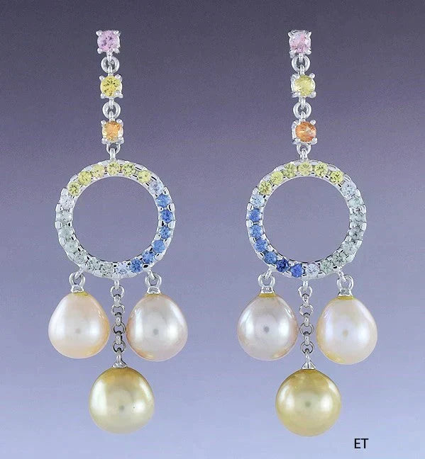 Beautiful Pair 18k White Gold Multi Colored Sapphire & Pearl Dangle Earrings