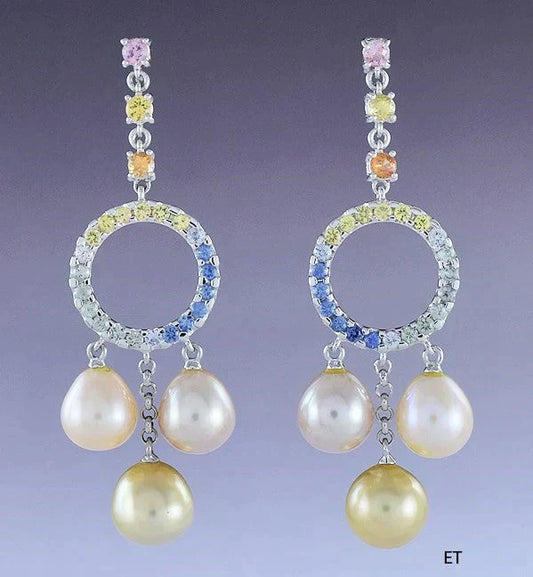Beautiful Pair 18k White Gold Multi Colored Sapphire & Pearl Dangle Earrings