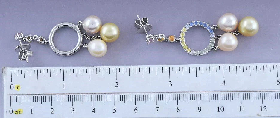 Beautiful Pair 18k White Gold Multi Colored Sapphire & Pearl Dangle Earrings