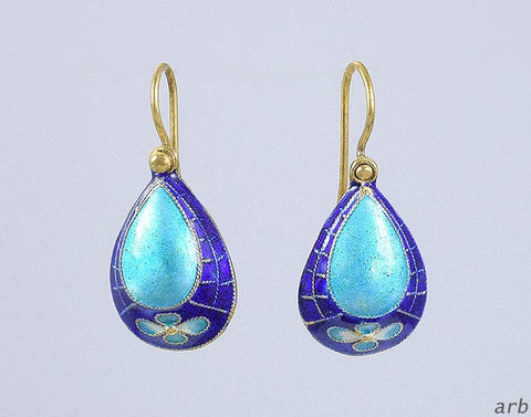 VTG 24k Vermeil Sterling Silver Shashi Cloisonné Blue Enamel Teardrop Earrings