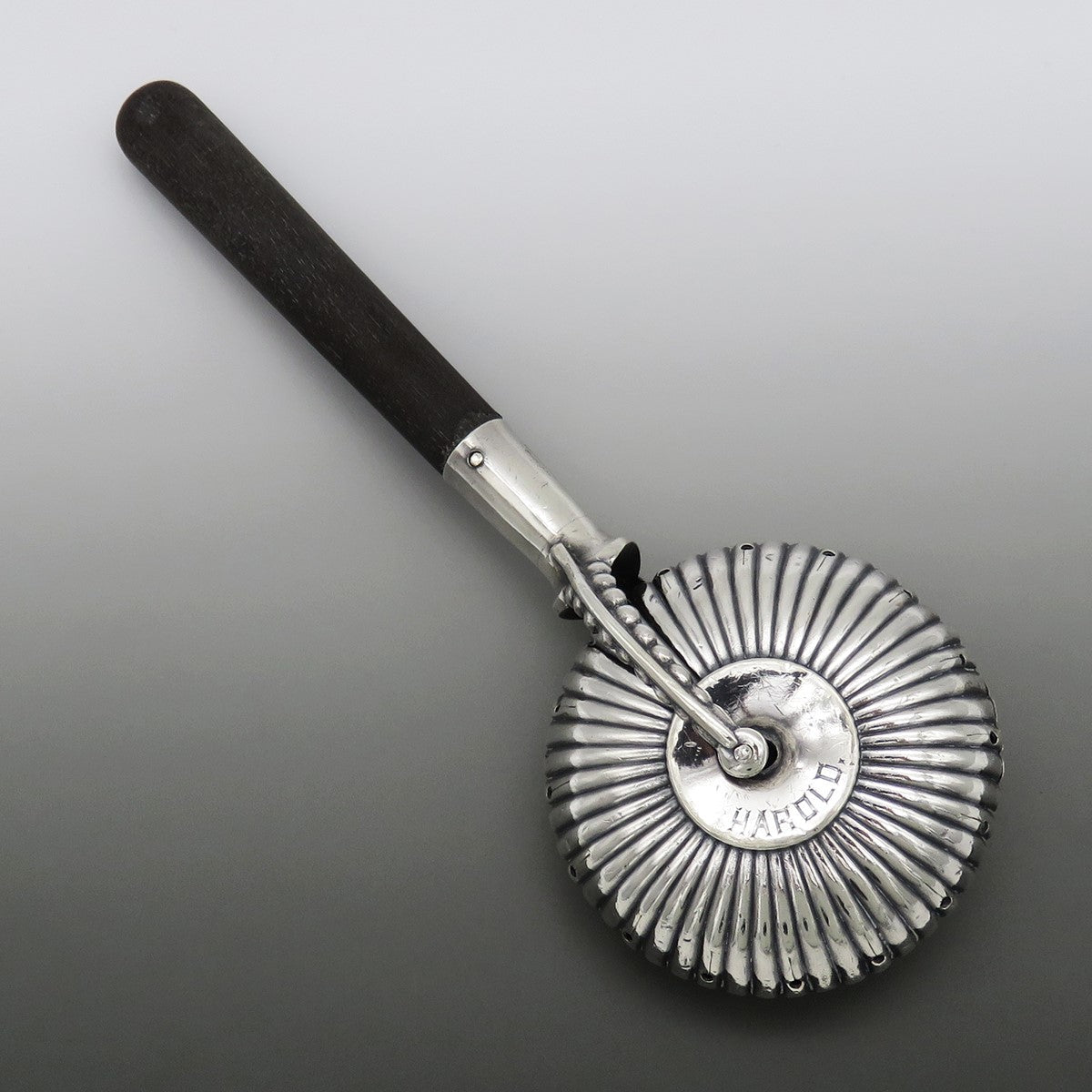 Handsome Gorham Baby Rattle Spinner Ribbed Design Wooden Handle 1890 "Harold"