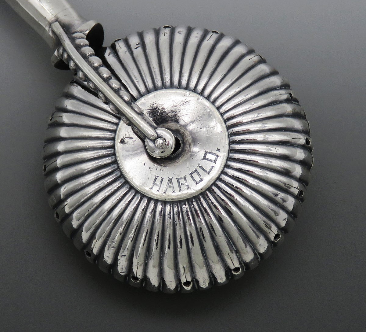 Handsome Gorham Baby Rattle Spinner Ribbed Design Wooden Handle 1890 "Harold"