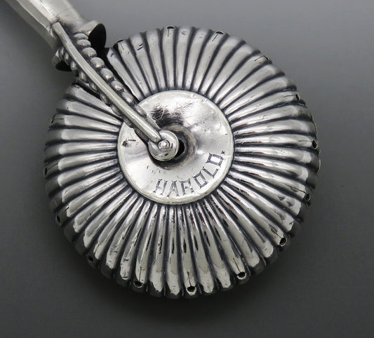 Handsome Gorham Baby Rattle Spinner Ribbed Design Wooden Handle 1890 "Harold"