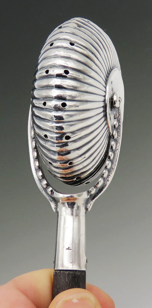 Handsome Gorham Baby Rattle Spinner Ribbed Design Wooden Handle 1890 "Harold"